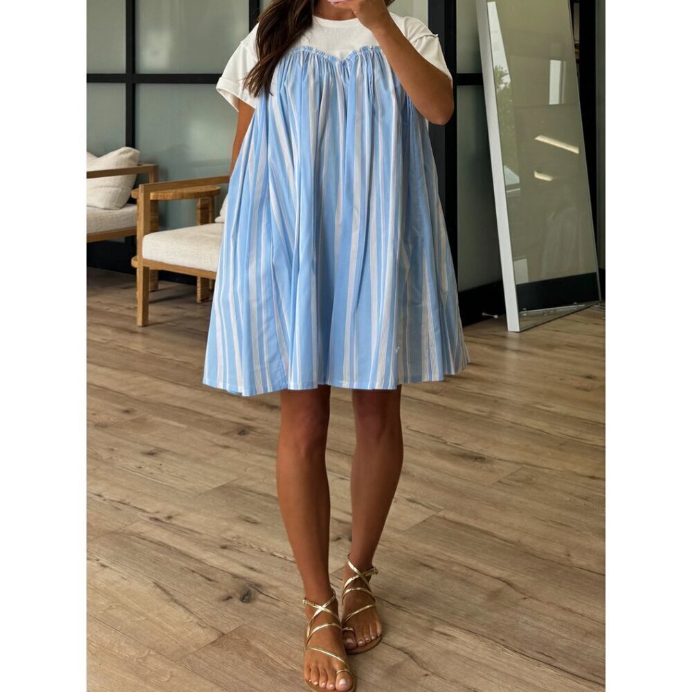 WISHLIST Nordstrom Stripe Twofer Mixed Media Cotton Babydoll Dress in Blue Combo - Picture 10 of 10